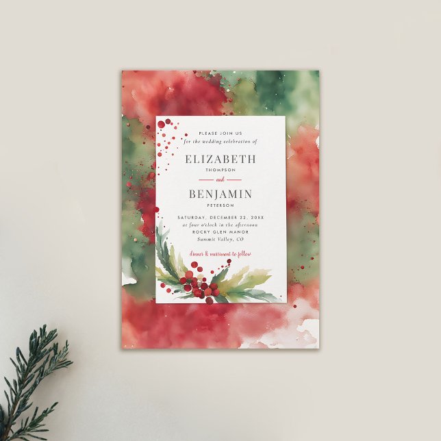 Vinterjul Modern Watercolor Elegant bröllop Inbjudningar (winter wedding invitation modern christmas dreamy watercolor elegant casual contemporary)