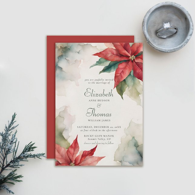 Vinterjul Poinsettia Modern Vintage bröllop Inbjudningar (winter wedding invitation christmas poinsettia elegant  modern vintage botanical floral frame)