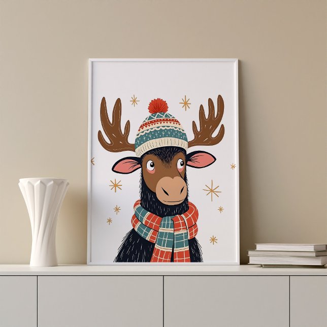 Vinterjul - Poster av musmur (Christmas moose poster print wall art design)