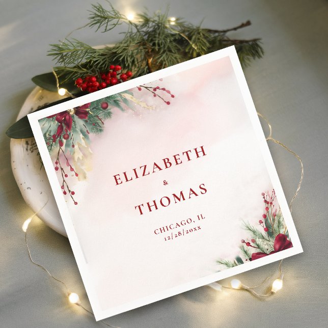 Vinterjul Red Berries Watercolor Greenery Pappersservett (winter christmas wedding bridal shower napkin greenery botanical berries red green gold watercolor)