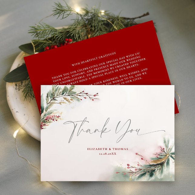 Vinterjul Vattenfärg Greenery Red Grönt Tack Kort (winter christmas wedding bridal shower thank you greenery botanical berries red green watercolor)
