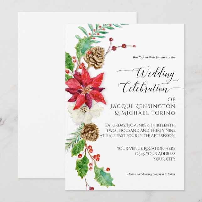 Vinterjulens Blommigt Red Guld Poinsettia Holly Inbjudningar (Fram/baksida)