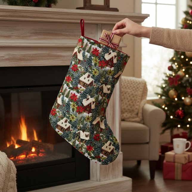 Vinterjulhus Träd Faux Embroidery Liten Julstrumpa (Skapare uppladdad)