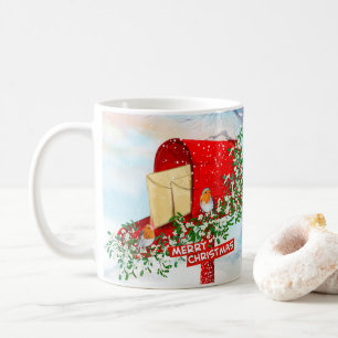 Vinterjullfåglar och en röd postbox kaffemugg