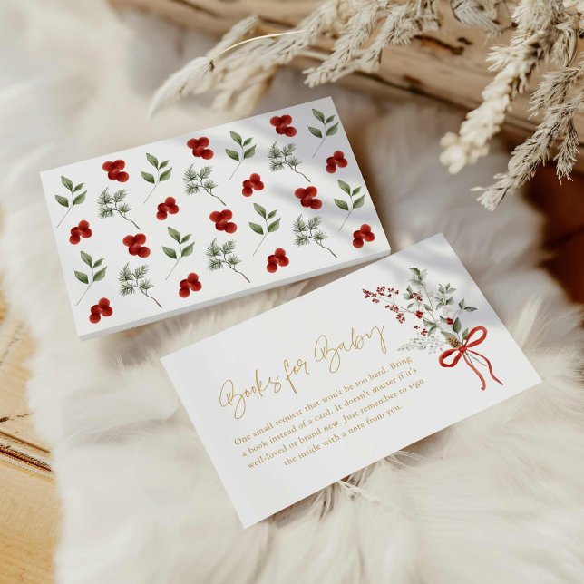 Vinterjullflicka Babyskor Bokar för Baby Tilläggskort (Winter Greenery and Red Holly Books for Baby Card)