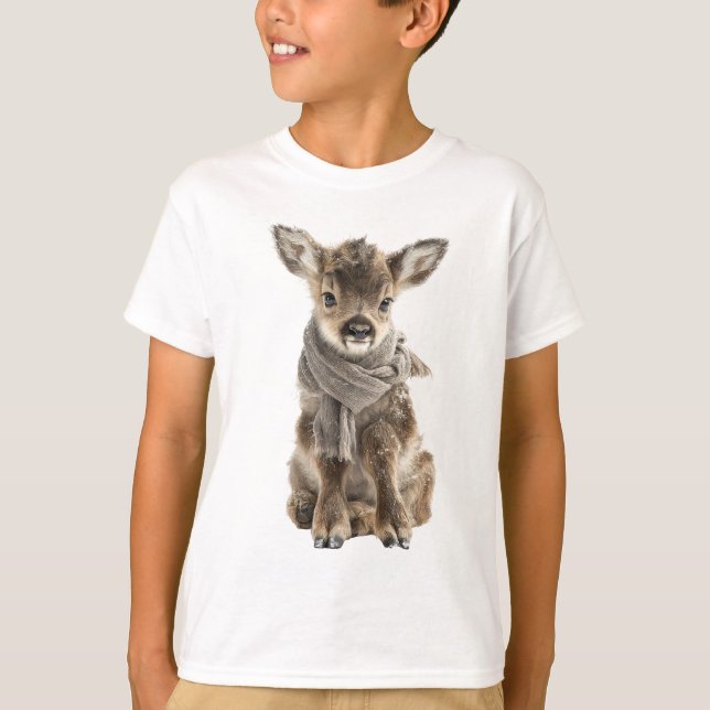Vinterkalv i mysig halsduk Barn T Shirt (Framsida)