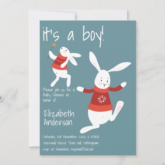 Vinterkanin Baby Shower Boys Red Blue Modern Inbjudningar (Framsida)