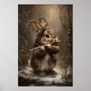 Vinterkanin spelar flöjt i skogen Konsttryck – Poster