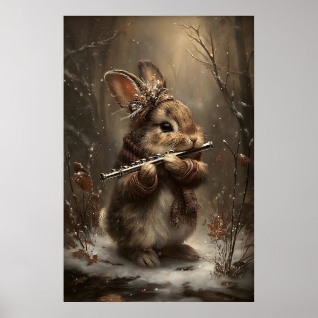 Vinterkanin spelar flöjt i skogen Konsttryck – Poster (Framsidan)