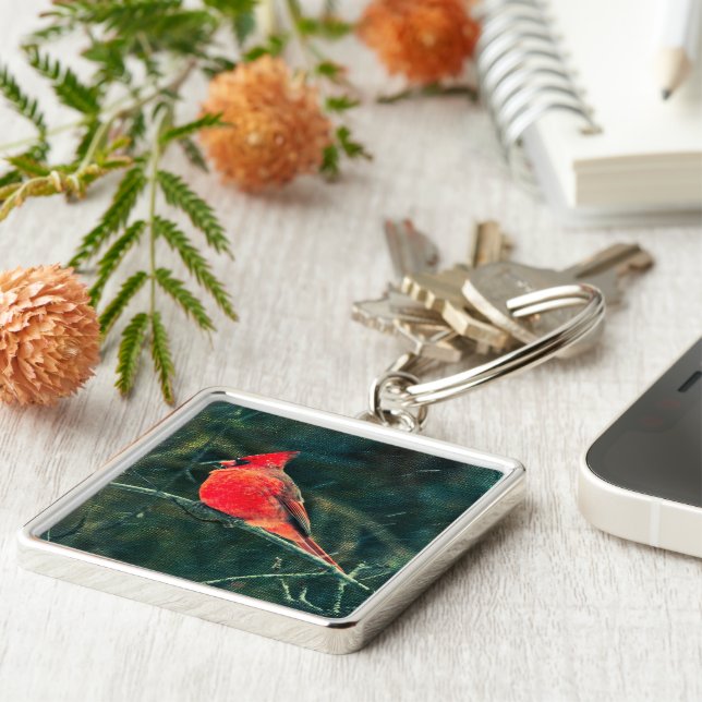 Vinterkardinal i Snowstorm - förbättrad Fyrkantig Silverfärgad Nyckelring (Sidan)