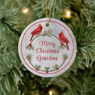 Vinterkardinaler och Gräs Julgransprydnad Keramik
