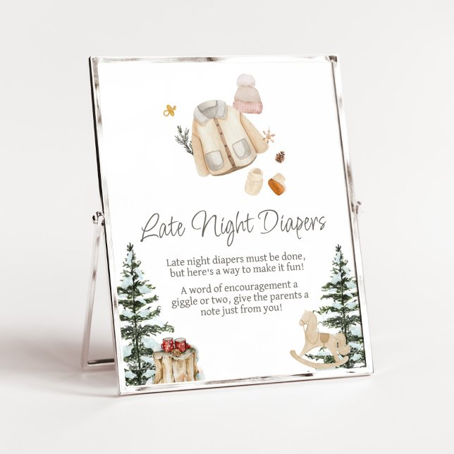 Vinterkläder sitt Kall utanför sena natttidningar Poster (Merry Little Winter Baby Clothes Baby Shower Late Night Diapers Sign)