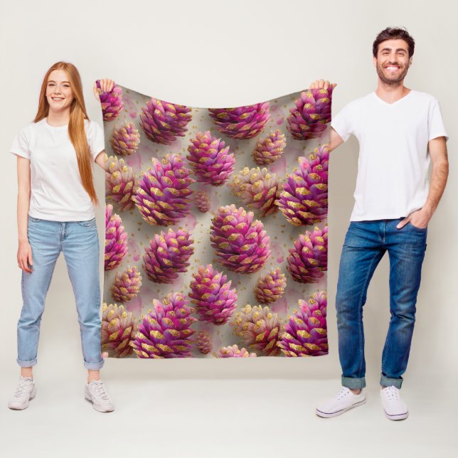 Vinterkoner i Rosa Gräs med gyllene accenter Fleecefilt (På plats)