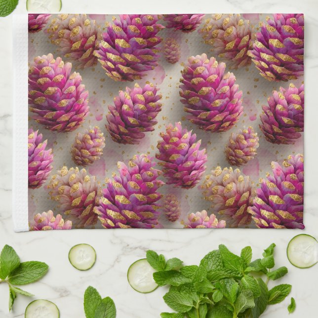 Vinterkoner i Rosa Gräs med gyllene accenter Kökshandduk (Vikta)