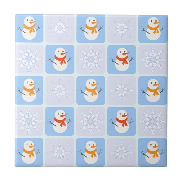 Vinterkontrollerad mönster snögubbe och snöflingor kakelplatta (Framsidan)