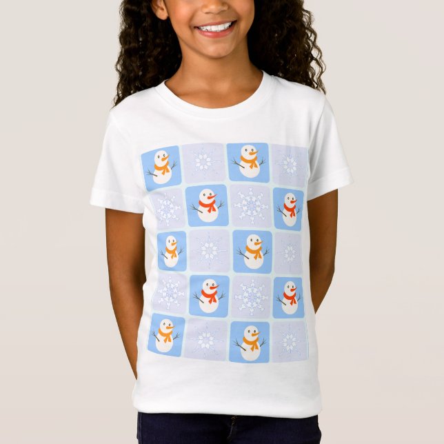 Vinterkontrollerad mönster snögubbe och snöflingor t shirt (Framsida)