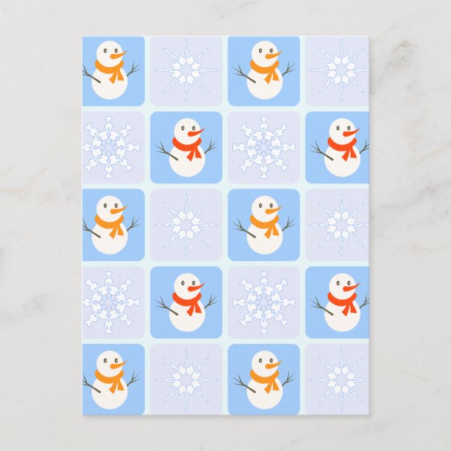 Vinterkontrollerad mönster snögubbe och snöflingor vykort (Framsida)