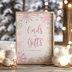 Vinterkort och gåvor vid rosa silver snöflingor poster