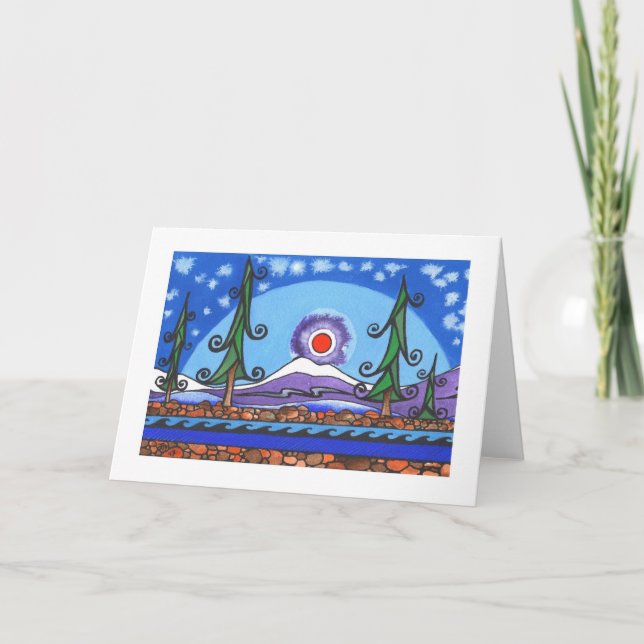 vinterkort, "Snowy Sunset", "Snowy helgdag card" Helgkort (Framsida)