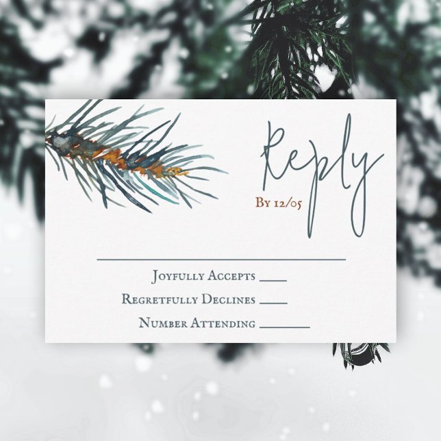 Vinterkortet Gräs Nål Bröllop OSA Grönt Rådkort (rustic brown forest green pine tree watercolor reply wedding rsvp enclosure card winter green brown)