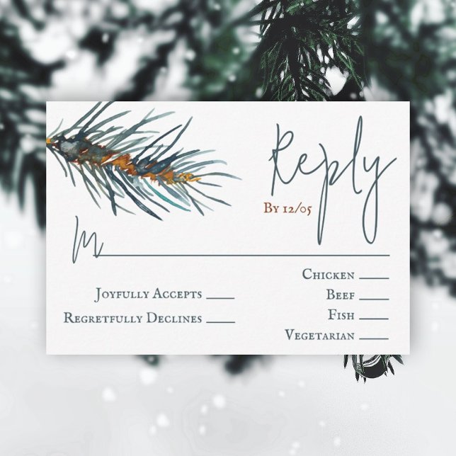 Vinterkortet Gräs Nål Bröllop OSA Grönt Rådkort (rustic brown hunter green pine needles watercolor reply wedding rsvp enclosure card forest green)