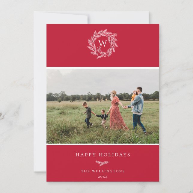 Vinterkrans Monogram Helgdag Fotokort Rött Julkort (Framsida)