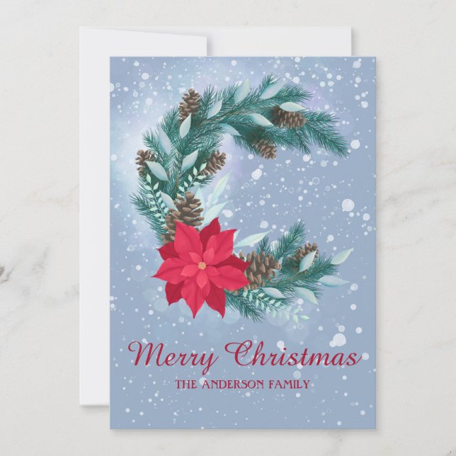 Vinterkrans, vattenfärg, poinsettia, gräs-koner julkort (Framsida)