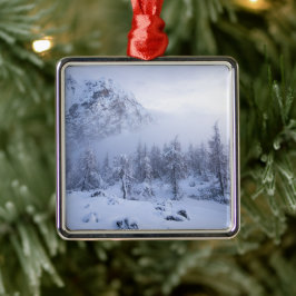 Vinterland, dimma, källskog och bergsområde julgransprydnad metall