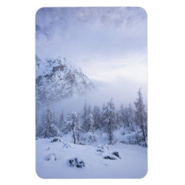 Vinterland, dimma, källskog och bergsområde magnet