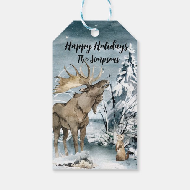 Vinterlandskap Akvarell Älg God Jul Presentetikett (Baksidan)