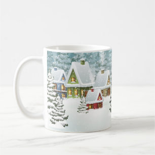 vinterlandskap i byarna med täckta hus i snö kaffemugg