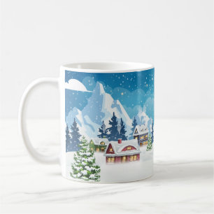 Vinterlandskap i kvällar med snö täckt kaffemugg