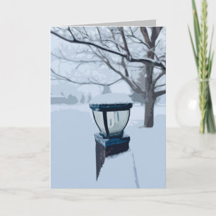 vinterlandskap i snö med lampa i land anteckningskort