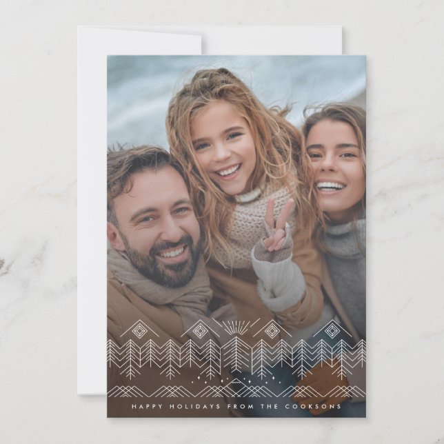 Vinterlandskap linje ritning med träd berg foto julkort (Framsida)