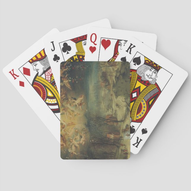 Vinterlandskap med byborrar som samlar trä casinokort (Baksidan)