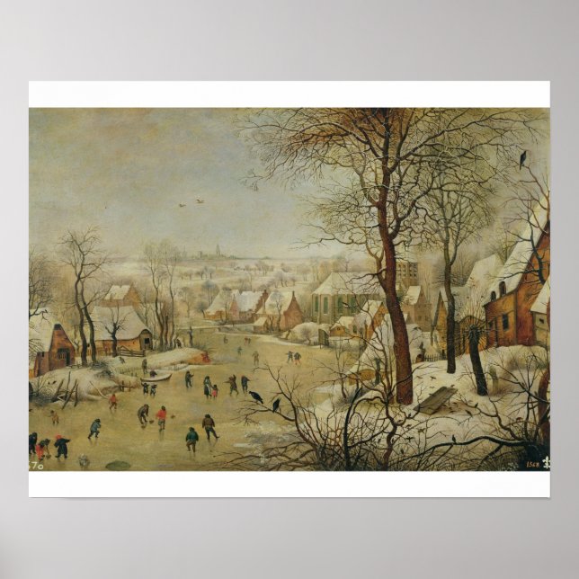 Vinterlandskap med fågelfälla (olja på panelen) poster (Framsidan)