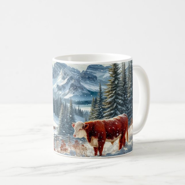 Vinterlandskap med kor som betar i snö kaffemugg (Framsida höger)