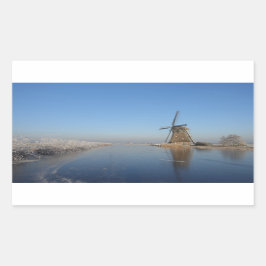 Vinterlandskap med kvarn och is rektangulärt klistermärke