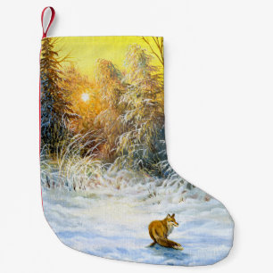 Vinterlandskap med räv på nedgång liten julstrumpa