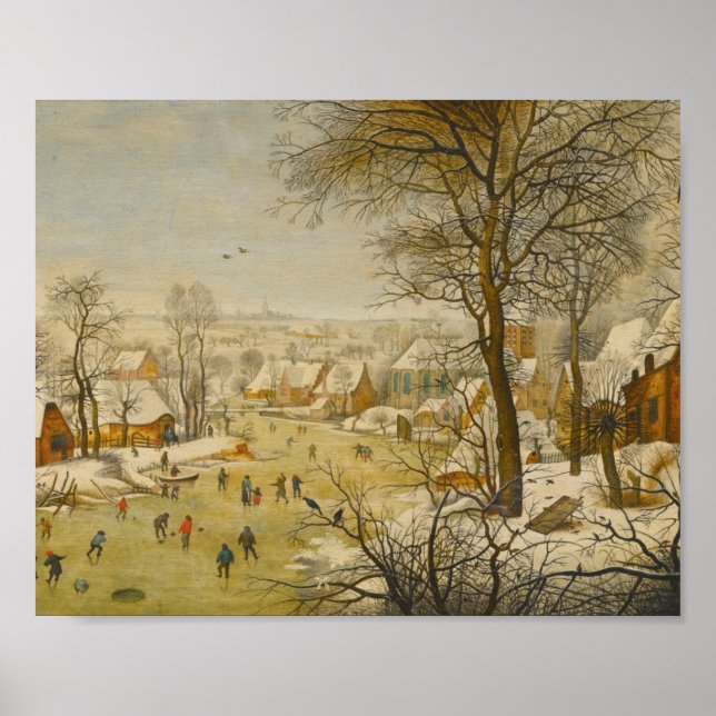 Vinterlandskap med skridskoåkare och fågfälla poster (Framsidan)