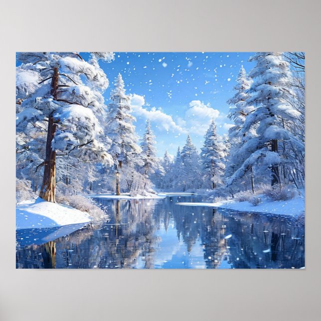 Vinterlandskap med snö Lugnt skogsscen Poster (Framsidan)