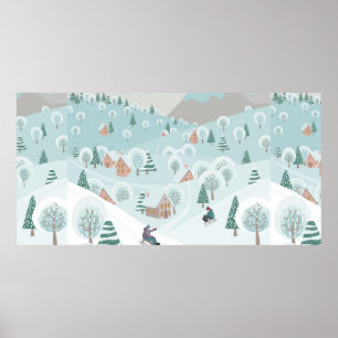 Vinterlandskap med snö, träd och barn på  poster