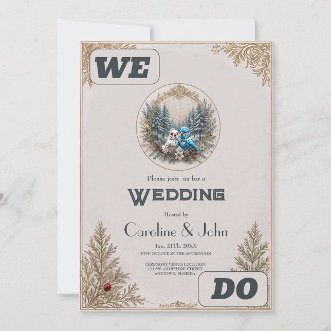 Vinterlandskap med sött fågel bröllop par. inbjudningar (Framsida)