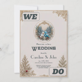 Vinterlandskap med sött fågel bröllop par. inbjudningar