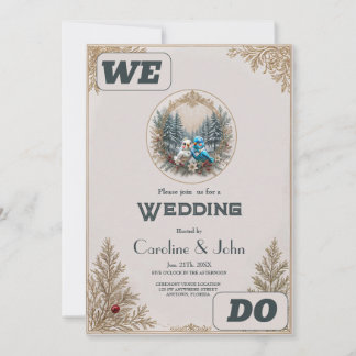 Vinterlandskap med sött fågel bröllop par. inbjudningar