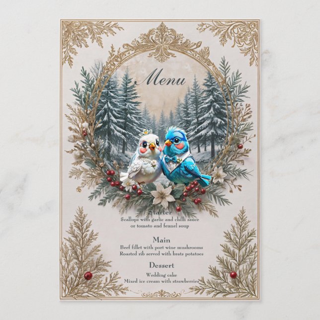 Vinterlandskap med sött fågel bröllop par. meny (Framsida)