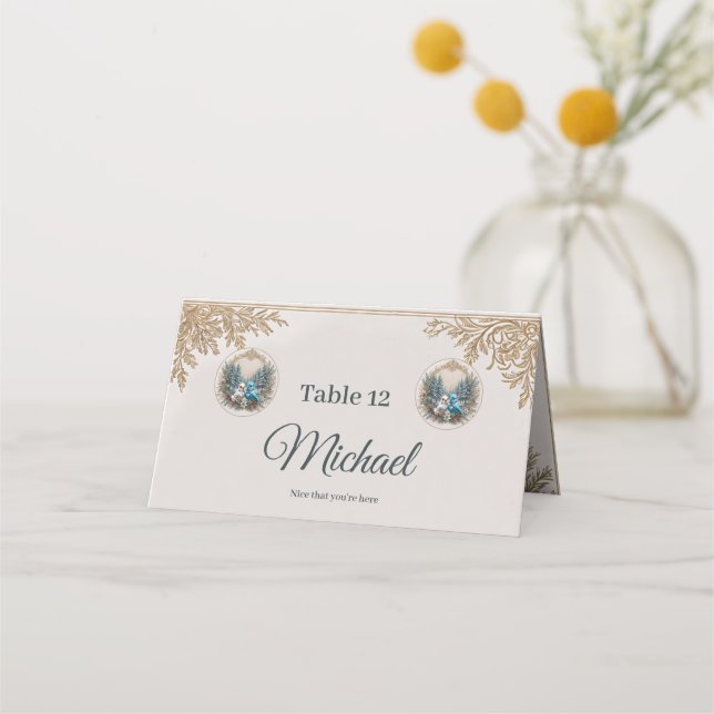 Vinterlandskap med sött fågel bröllop par. placeringskort (Framsida)