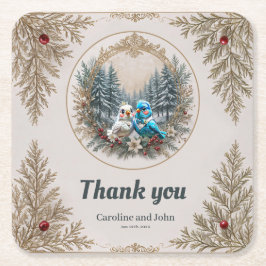 Vinterlandskap med sött fågel bröllop par. underlägg papper kvadrat