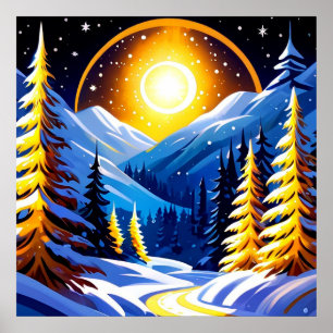 Vinterlandskap nattetid med snötäckta berg poster