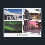 Vinterlandskap på Lappland kollage med lös bild Vykort<br><div class="desc">Brevkort med fyra landskap i Lappland på snö under vintern som norra ljus,  en snö-skog,  skidor och en loggstuga med foton med ett vitt kant och ett vridet som det är löst och med texten: "Lappland". Det är en underbar semestersouvenir.</div>